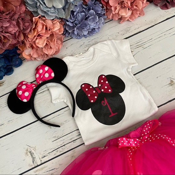 1st Birthday Outfit Matching Onesie Pink Tulle Skirt and Headband - Picture 4 of 16